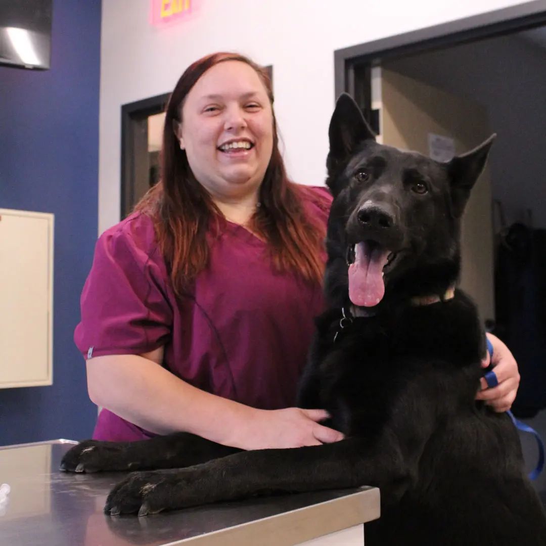 smiling female veterinary assistant with dog